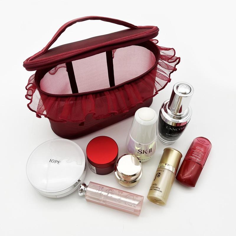 Petit Trouver Elegant Mesh Makeup Bag with Delicate Heart Embroidery and Lace Detail, Charming Handheld Cosmetic Pouch, Perfect for Tissues, Lip Sticks and Makeup Touch-Ups, Adorable Accessory Organizer