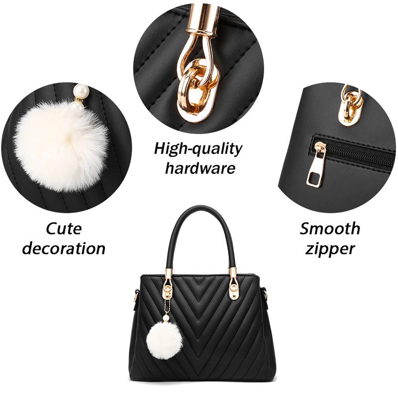 Womens Fashion Leather Handbags Quilted Purses Top-handle Totes Satchel Bag for Ladies Shoulder Bag for Women with Pompom