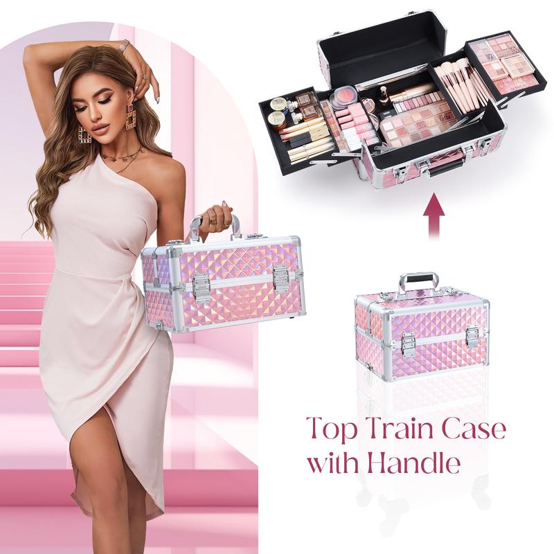 Joligrace 3 in 1 Rolling Makeup Train Case Large Cosmetic Trolley Salon Barber Case for Make Up Hairstylists Nail Tech Aluminum Makeup Trolley Case