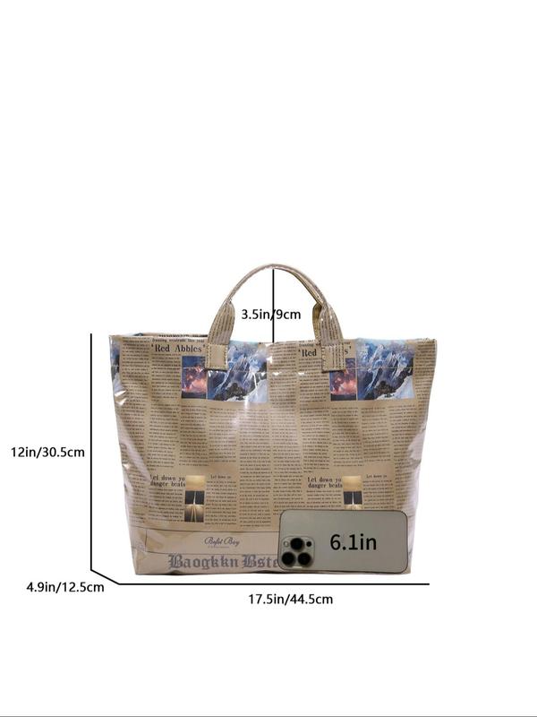 Women's Fashion Newspaper Design Tote Bag, Large Capacity Waterproof Handbag, Casual Trendy Versatile High-quality Daily Commuting Bag, Girl Fashion Shopping Bag