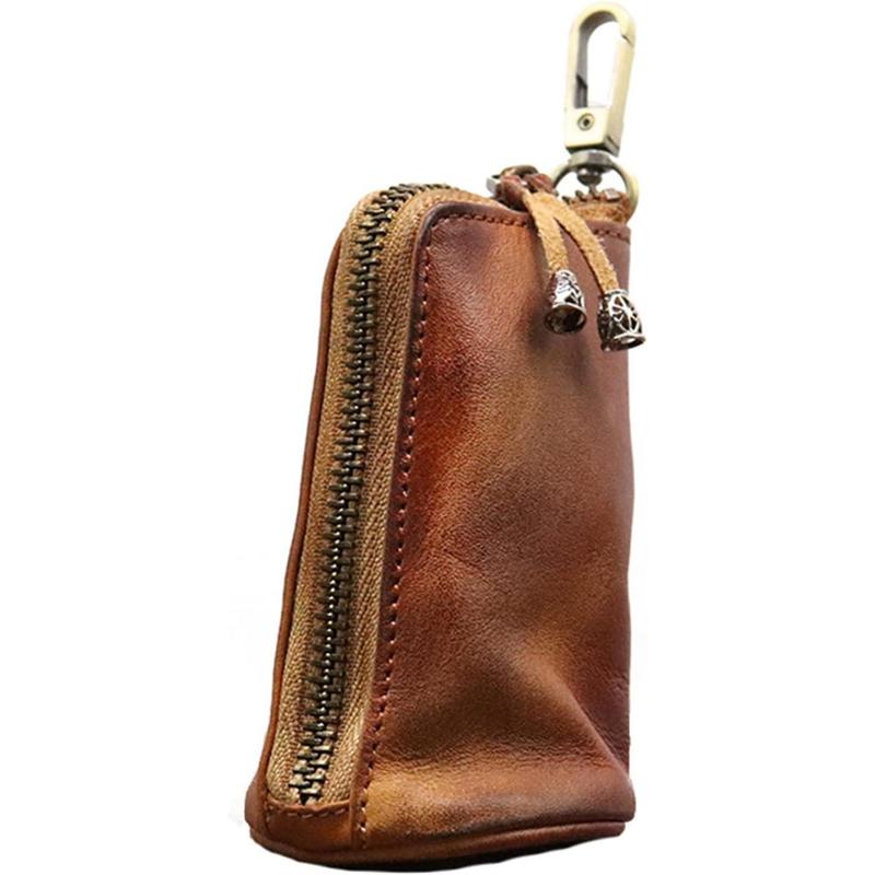 Leather Zipper Coin Pouch - Genuine Cowhide,Coin Organizer, Change Holder，Keychain Coin Purse for Men & Women