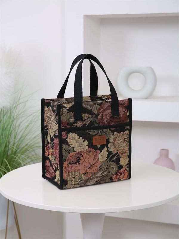 Floral Pattern Lunch Bag, Casual Large Capacity Insulated Bag with Handle, Lunch Box Storage Bag for Women & Men