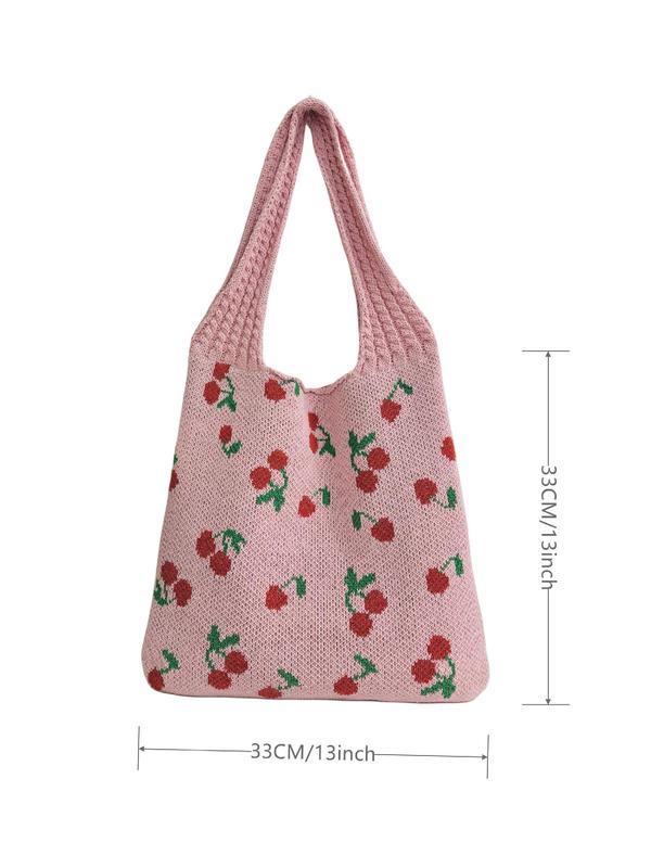 Cherry Pattern Crochet Shoulder Bag, Fashionable Women's Tote Bag, Casual Versatile Shopping Bag for Women & Girls