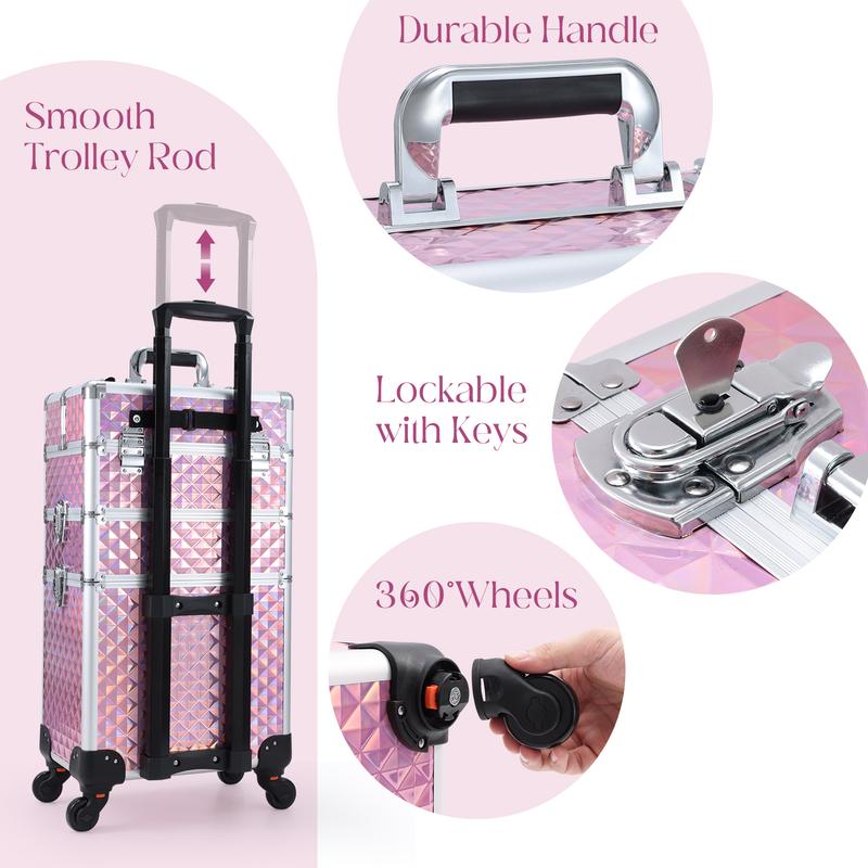 Joligrace 3 in 1 Rolling Makeup Train Case Large Cosmetic Trolley Salon Barber Case for Make Up Hairstylists Nail Tech Aluminum Makeup Trolley Case