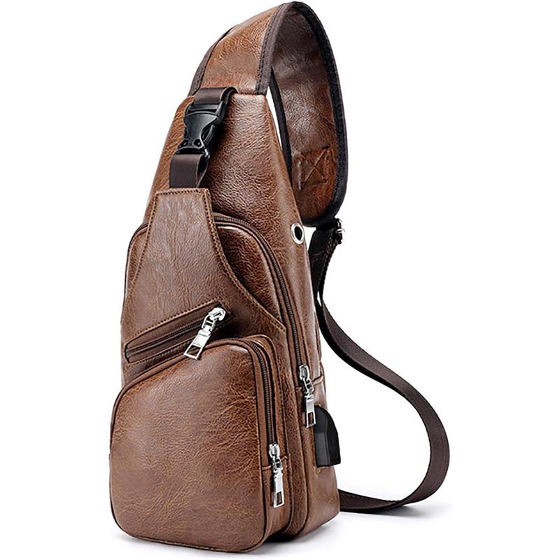 Leather Sling Bag Mens Crossbody Bag Chest Bag Sling Backpack for Men with USB Charge Port