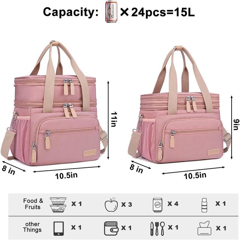 Lunch Bag for Women, Loncheras Para Mujer, Leakproof Insulated Large Lunchbox Dual Compartment Lunch Box Adult For Work Beach Picnic Hiking (15L) (Pink)