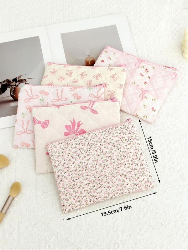 Cute Floral & Bow Pattern Makeup Bag, Quilted Cosmetic Pouch, Zipper Makeup Bag, Travel Toiletry Bag, Cosmetic Storage Bag for Women & Girls