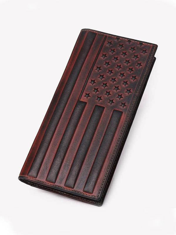 Men's Vintage Star & Striped Pattern Long Wallet, Casual Multi Card Slot Coin Purse, Full Grain Leather Checkbook Bifold Wallet