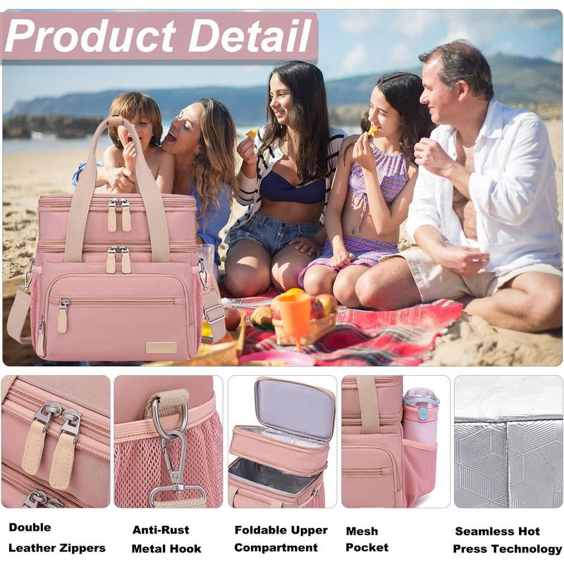 Lunch Bag for Women, Loncheras Para Mujer, Leakproof Insulated Large Lunchbox Dual Compartment Lunch Box Adult For Work Beach Picnic Hiking (15L) (Pink)