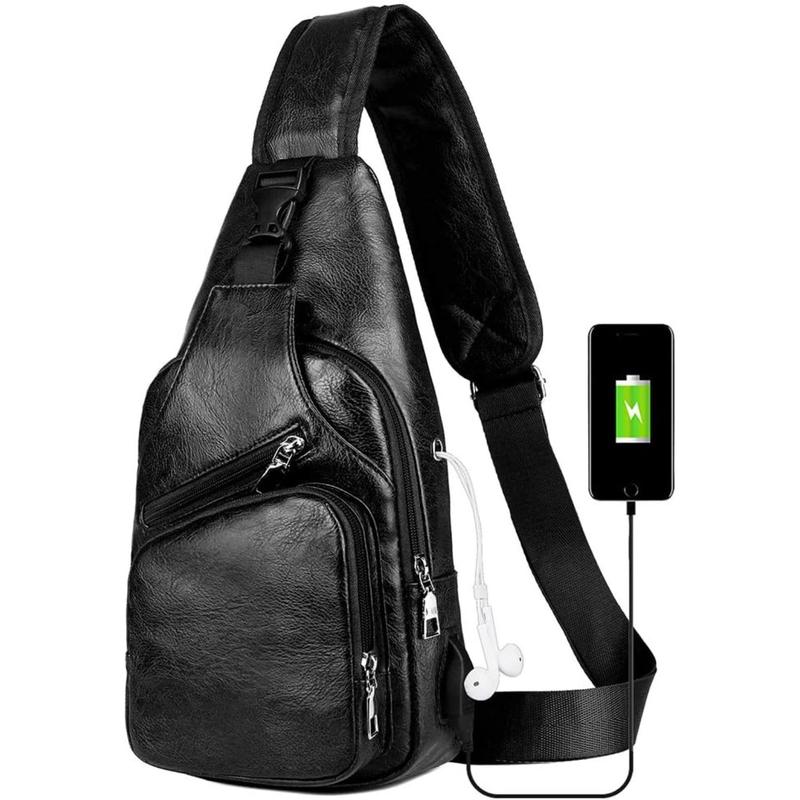 Leather Sling Bag Mens Crossbody Bag Chest Bag Sling Backpack for Men with USB Charge Port