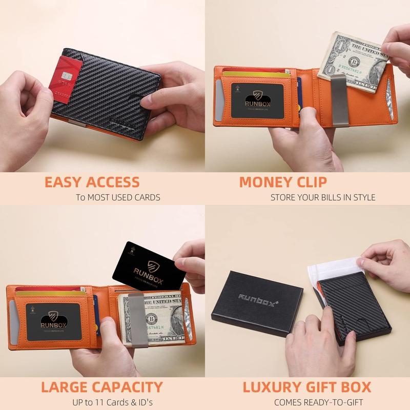 RUNBOX Slim Wallets for Men - Leather Money Clip Mens Wallet - RFID Blocking Front Pocket Bifold Wallet - Thin Credit Card Holder with Gift Box RUNBOX