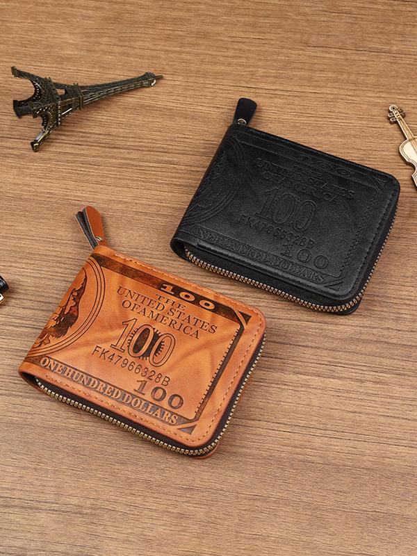 Men's Business Dollar Design Zipper Card Holder, Casual Trendy Letter & Figure Pattern Short Wallet, Versatile Multi-functional Card Holder for Daily Use