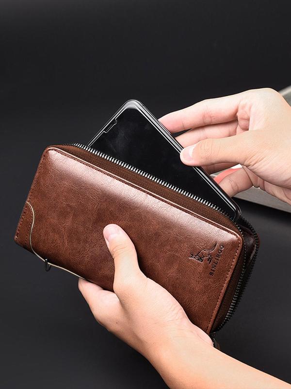 Men's Business Fashion Zipper Wallet, 2024 New Style Simple Plain Color PU Leather Wallet, Multi-functional Wallet with Wrist Strap for Men Dainty Gift for Your Love