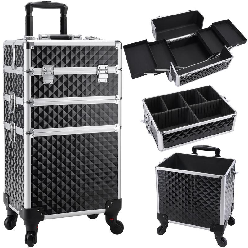 Joligrace 3 in 1 Rolling Makeup Train Case Large Cosmetic Trolley Salon Barber Case for Make Up Hairstylists Nail Tech Aluminum Makeup Trolley Case