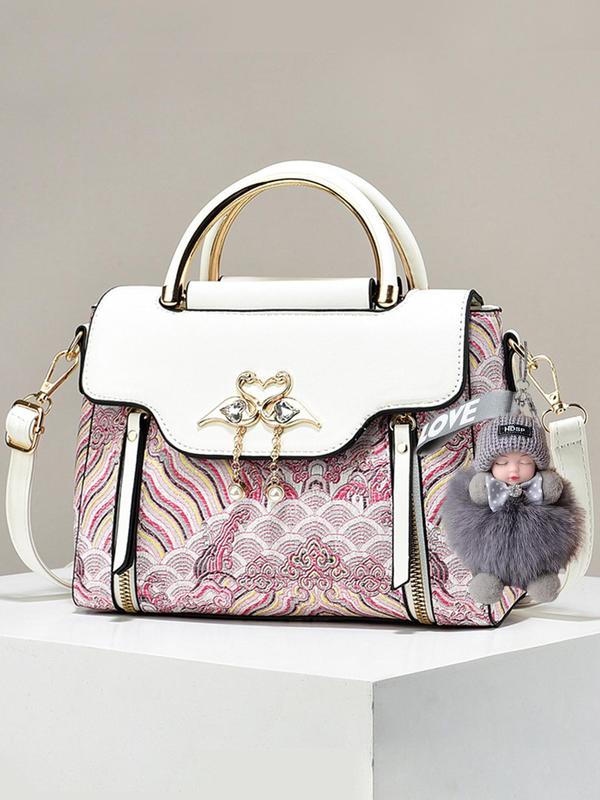 Women's Elegant Crane Design Closure Handbag, Fashionable Graphic Decorated Square Bag with Charm, Casual Trendy Versatile High-quality Daily Commuting Bag