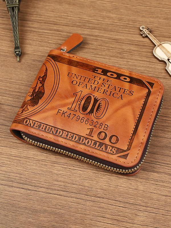 Men's Business Dollar Design Zipper Card Holder, Casual Trendy Letter & Figure Pattern Short Wallet, Versatile Multi-functional Card Holder for Daily Use