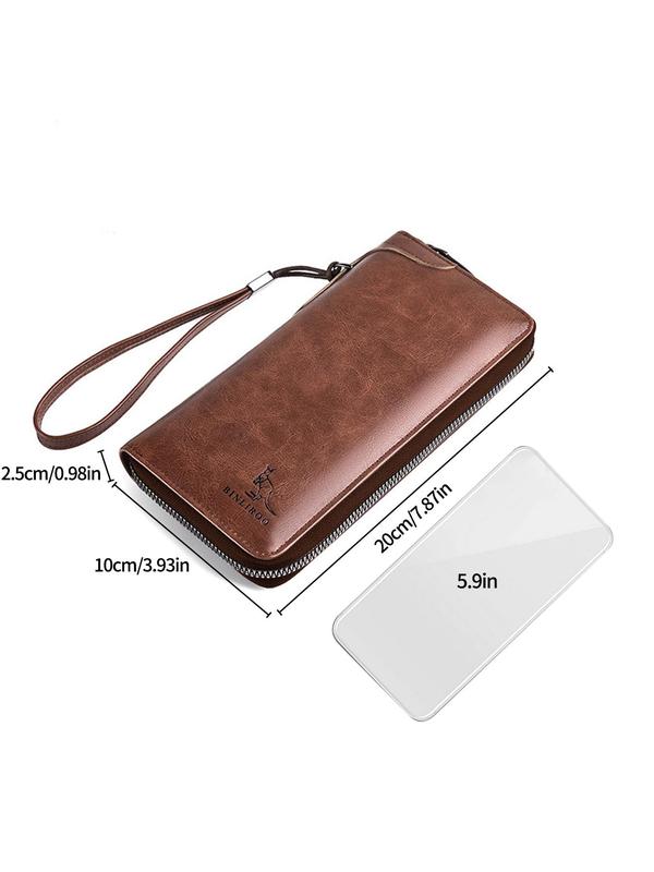 Men's Business Fashion Zipper Wallet, 2024 New Style Simple Plain Color PU Leather Wallet, Multi-functional Wallet with Wrist Strap for Men Dainty Gift for Your Love