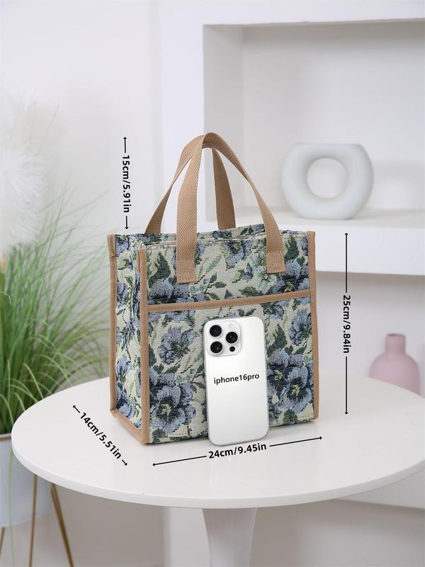 Floral Pattern Lunch Bag, Casual Large Capacity Insulated Bag with Handle, Lunch Box Storage Bag for Women & Men