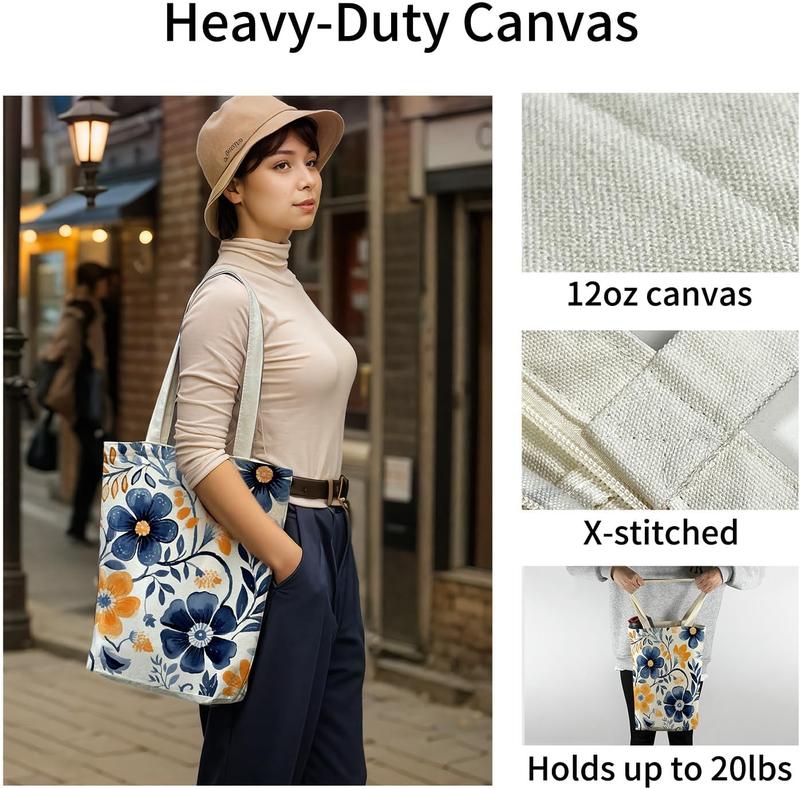 Canvas Tote Bag, Zipper Tote Bag for Women, Tote Bag with Zipper Inner Pocket Pattern Lightweight Daily Bag Book Bag