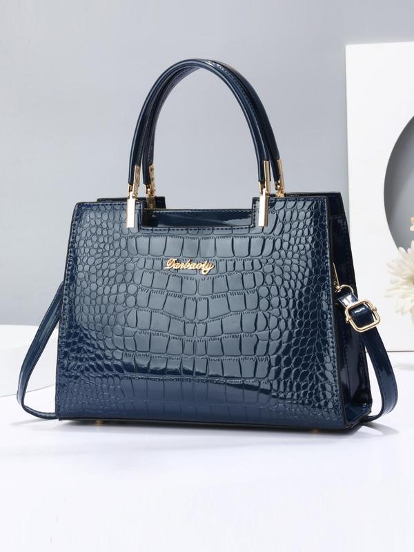 Summer Pu Crocodile Embossed Square Handbag, Fashion Letter Label Classic Tote Bag for Women Back To School, Elegant Matching Crossbody Bag As Gift for Wife, Fall Outfits, Earthtone Fall Freshness, for Fall