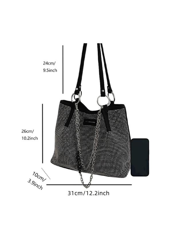 Women's Elegant Artificial Zircon Inlaid Shoulder Work Bag for Work & Back To School, Fashionable Chain Strap Patched Design Large Capacity Shoulder Bag for Party, Dating, 2024 Summer Casual Trendy Commuting Bag