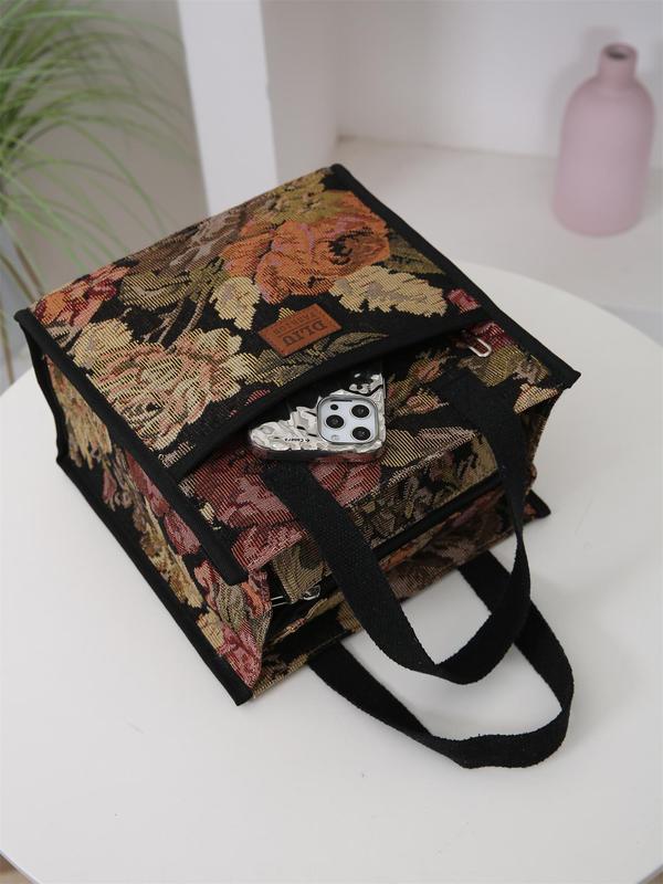 Floral Pattern Lunch Bag, Casual Large Capacity Insulated Bag with Handle, Lunch Box Storage Bag for Women & Men