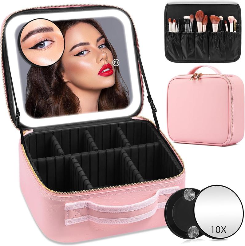 Lighted Makeup Case with Mirror, Adjustable Dividers - Portable Cosmetic Organizer Bag for Travel