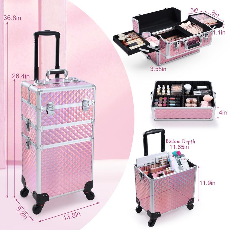 Joligrace 3 in 1 Rolling Makeup Train Case Large Cosmetic Trolley Salon Barber Case for Make Up Hairstylists Nail Tech Aluminum Makeup Trolley Case