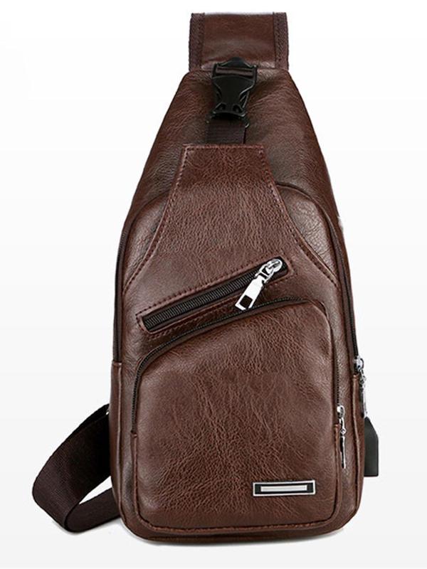 Men's Summer Casual Solid Color Pu Leather Zipper Bum Bag With Zipper As Father's Day Gift, Business Usb Charging Chest Bag With Adjustable Strap, Basic Casual Fanny Pack