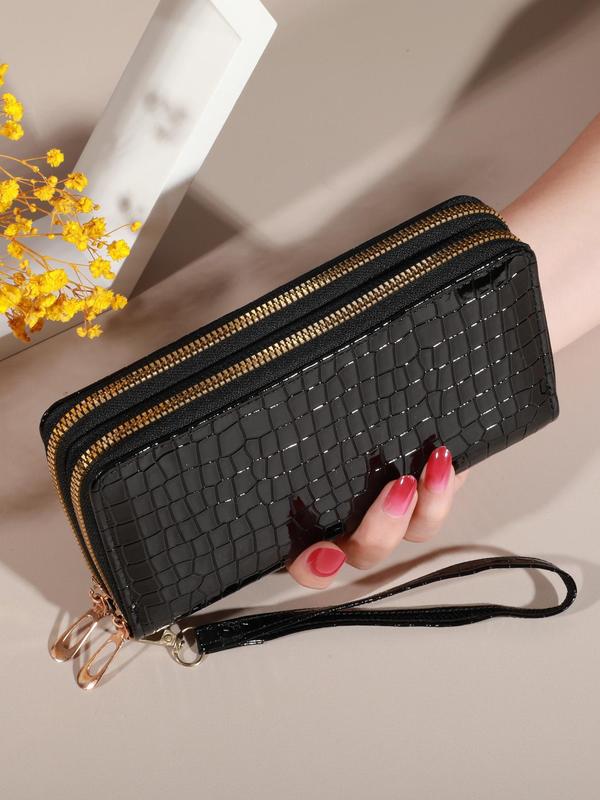 Women's Fashionable Crocodile Pattern Long Wallet, Vintage Double Layer Clutch Wallet, Retro Zipper Coin Purse Wristlet for Daily Used