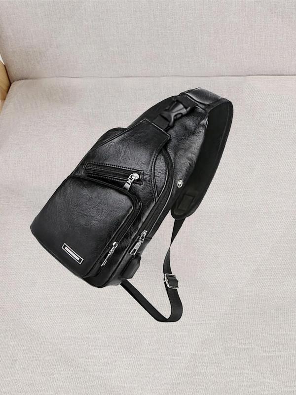 Men's Summer Casual Solid Color Pu Leather Zipper Bum Bag With Zipper As Father's Day Gift, Business Usb Charging Chest Bag With Adjustable Strap, Basic Casual Fanny Pack