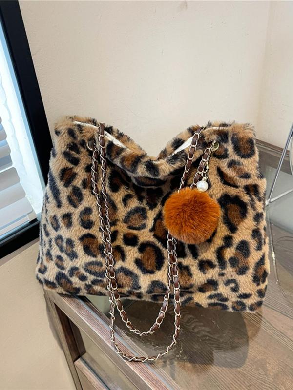 Women's Fashion Leopard Print Plush Tote Bag, Casual Versatile Pom Pom Decor Chain Strap Shoulder Bag for Daily Used, Trendy All-match Bag for Daily Life