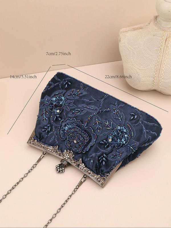 Women's Elegant Glittering Floral Design Evening Bag, Exquisite Trendy Sequined Beaded Embroidered Evening Bag, Retro Fashion Evening Bag for Party Decoration