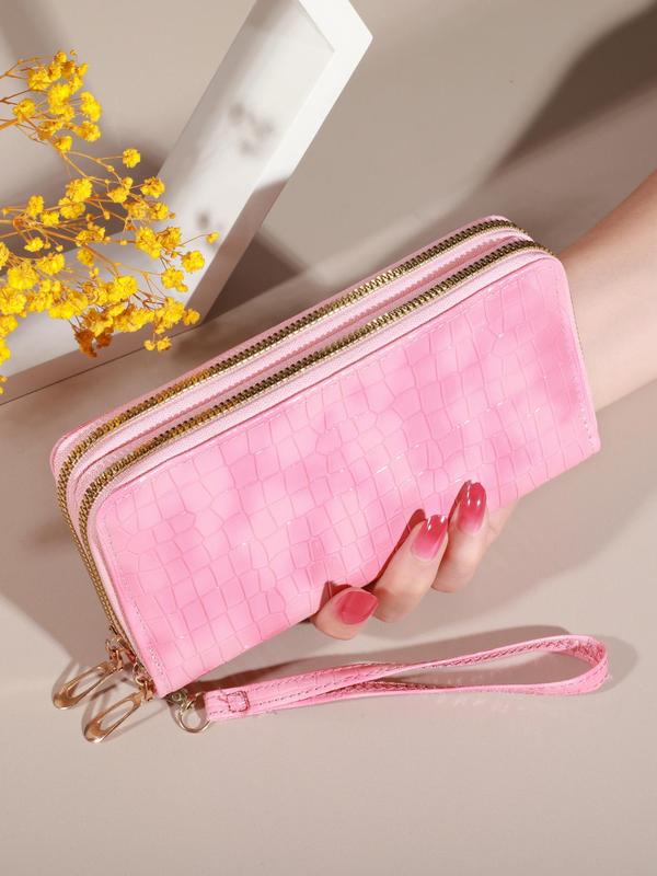 Women's Fashionable Crocodile Pattern Long Wallet, Vintage Double Layer Clutch Wallet, Retro Zipper Coin Purse Wristlet for Daily Used