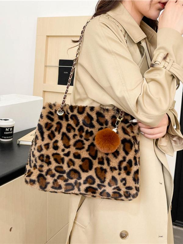 Women's Fashion Leopard Print Plush Tote Bag, Casual Versatile Pom Pom Decor Chain Strap Shoulder Bag for Daily Used, Trendy All-match Bag for Daily Life