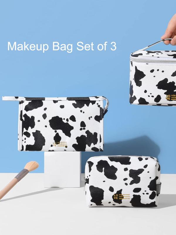 Kawaii Cow Print Cosmetic Bag Set, Makeup Accessories, Alarge Capacity Cute Makeup Bags , Fall 2024 New Fashionable Travel Toiletry Bag for Women & Men, Basic Matching Washable and Waterproof for Daily & Back To School