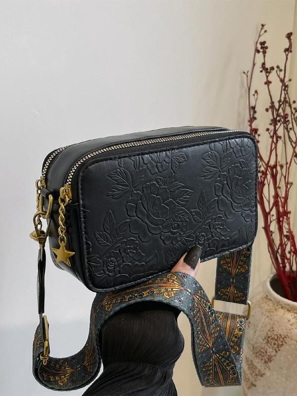 Women's Fashion Retro Floral Embossed Crossbody Bag, Casual Pu Leather Star Decor Zipper Shoulder Bag, Trendy Versatile High-quality Daily Commuting Bag