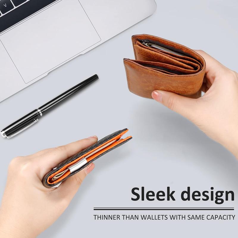 Mens Slim Wallet Money Clip: Bifold Leanther Wallets RFID Blocking Front Pocket Wallets Credit Card Holder with ID Window Gifts for Men