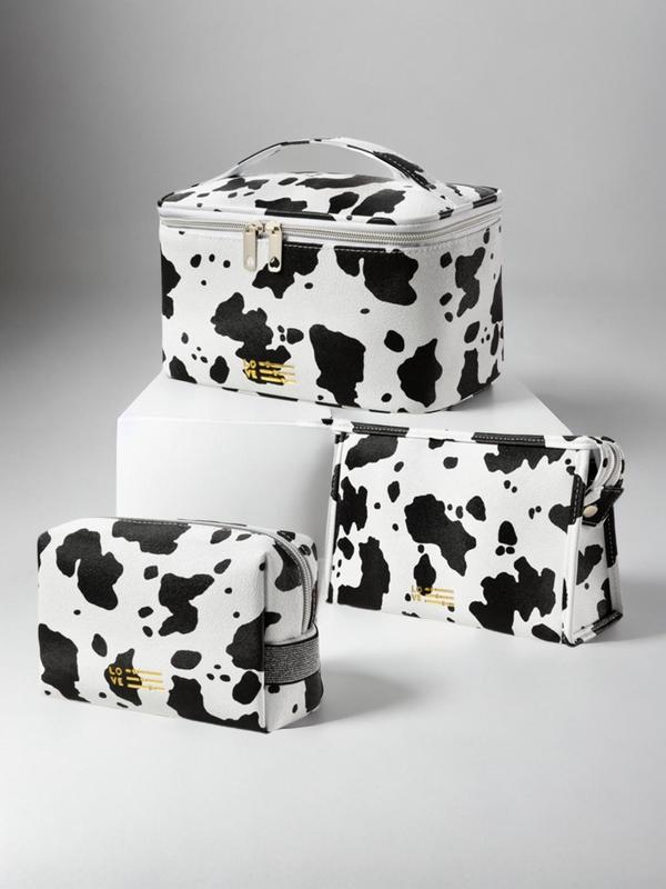 Kawaii Cow Print Cosmetic Bag Set, Makeup Accessories, Alarge Capacity Cute Makeup Bags , Fall 2024 New Fashionable Travel Toiletry Bag for Women & Men, Basic Matching Washable and Waterproof for Daily & Back To School