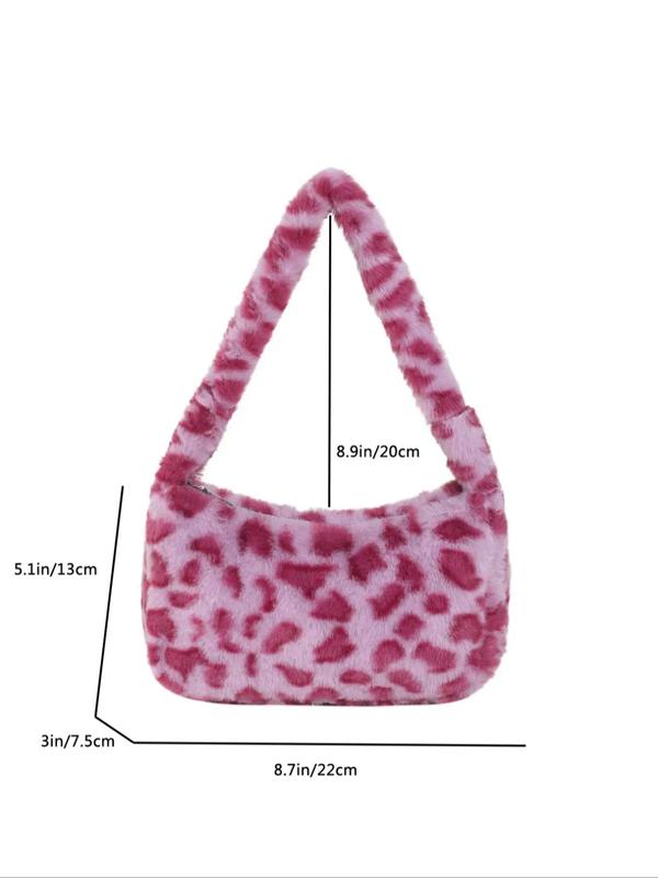 Women's Leopard Pattern Fluffy Plush Shoulder Bag, Fashionable Casual Simple Zipper Underarm Bag for Daily Use, Casual Trendy Versatile High-quality Daily Commuting Bag, Girl Fashionable Shopping Bag