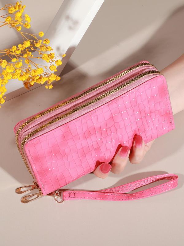 Women's Fashionable Crocodile Pattern Long Wallet, Vintage Double Layer Clutch Wallet, Retro Zipper Coin Purse Wristlet for Daily Used