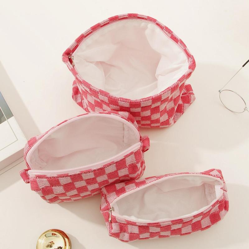 Plaid Pattern Makeup Bags, 3 Counts Portable Large Capacity Cosmetic Storage Bags, Zipper Makeup Organizer Pouches, Versatile Storage Bags