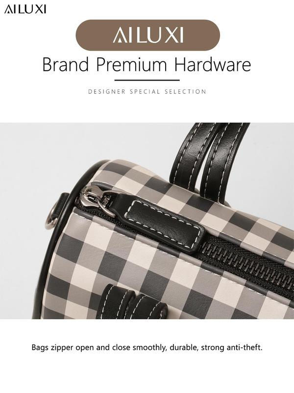 Women's Plaid Pattern Bow Decor Boston Bag, 2024 New Style Fashionable Zipper Crossbody Bag for Daily Used, Casual Trendy Versatile High-quality Daily Commuting Bag