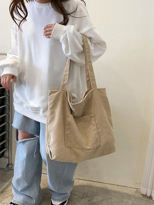 Women's Summer Simple Plain Corduroy Zipper Tote Bag, Lightweight Large Capacity Shopping Shoulder Bag, Casual College Style Student School Bag, Streetwear Commuting Carrying Bag