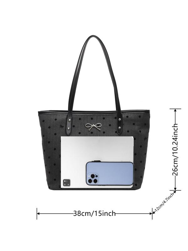 Women's Fashionable Polka Dot Pattern Bow Decor Tote Bag, Casual PU Leather Shoulder Bag for Daily Used, Trendy Versatile High-quality Daily Commuting Bag