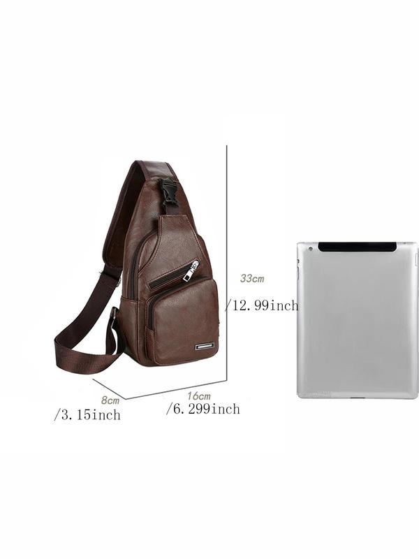 Men's Summer Casual Solid Color Pu Leather Zipper Bum Bag With Zipper As Father's Day Gift, Business Usb Charging Chest Bag With Adjustable Strap, Basic Casual Fanny Pack