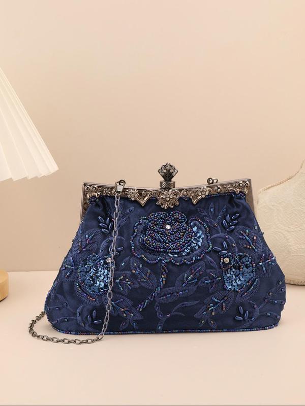 Women's Elegant Glittering Floral Design Evening Bag, Exquisite Trendy Sequined Beaded Embroidered Evening Bag, Retro Fashion Evening Bag for Party Decoration