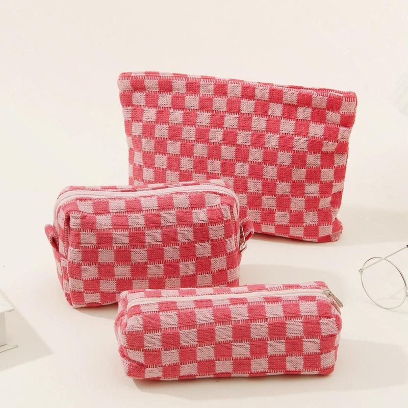 Plaid Pattern Makeup Bags, 3 Counts Portable Large Capacity Cosmetic Storage Bags, Zipper Makeup Organizer Pouches, Versatile Storage Bags