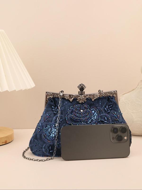 Women's Elegant Glittering Floral Design Evening Bag, Exquisite Trendy Sequined Beaded Embroidered Evening Bag, Retro Fashion Evening Bag for Party Decoration