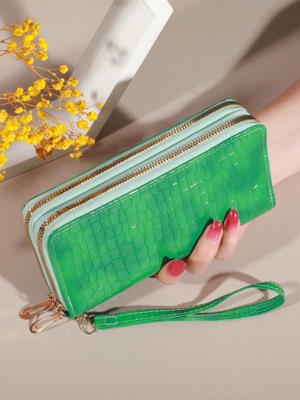 Women's Fashionable Crocodile Pattern Long Wallet, Vintage Double Layer Clutch Wallet, Retro Zipper Coin Purse Wristlet for Daily Used